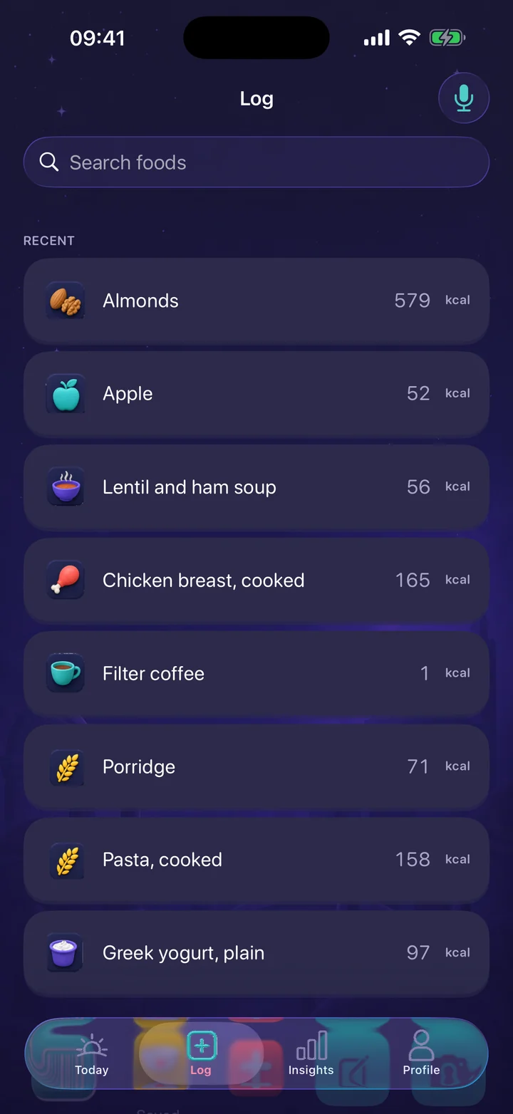 Log screen with recent foods, barcode, saved meals and quick add